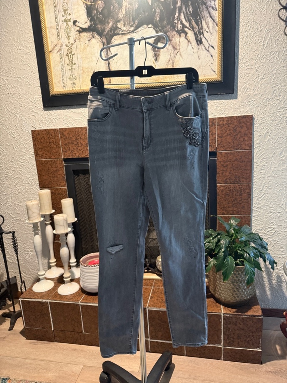 Chico's Charcoal Grey Distressed Ankle Jeans